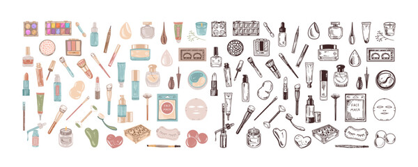 A set of flat and doodle style  sketches of cosmetics, beauty, self-care, spa elements.  Illustration for beauty salon, cosmetic store, makeup design. Engraved image.