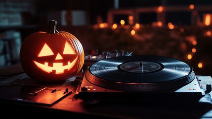 Halloween DJ Turntable Setup with Glowing Jack-O'-Lantern and Vinyl Record for Festive Music