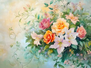 Lush and Vibrant Bouquet of Roses Lilies and Peonies with Intricate Leaf Patterns and Cascading Petals Set Against a Dreamy Impressionistic Landscape in a Romantic Victorian Inspired Garden