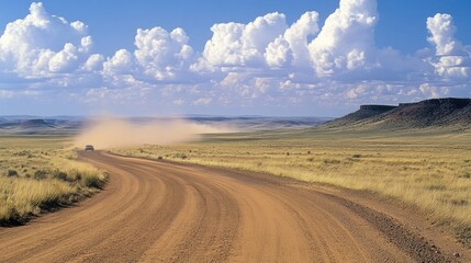 Fototapeta premium A dirt road winding through a flat, open plain, with dust rising behind a distant vehicle and the wide sky overhead.