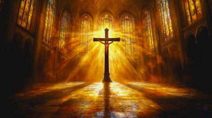 Naklejka premium Gothic cathedral with sunlit cross and glowing atmosphere