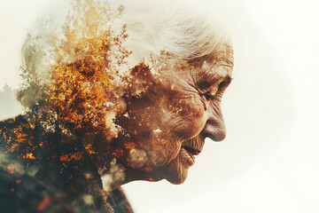 A heartwarming double exposure image of a loving old woman and old man, blending their faces to symbolize the deep bond, tenderness, and lifelong connection they share