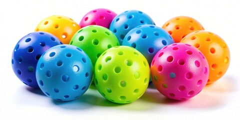 Obraz premium Colorful plastic pickleball sports balls on white background, pickleball, plastic, colorful, sports balls, vibrant