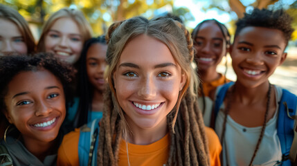 Fototapeta premium Multiracial friends taking big group selfie shot smiling at camera