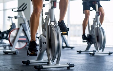 Close-up of people cycling on stationary bikes at a gym.