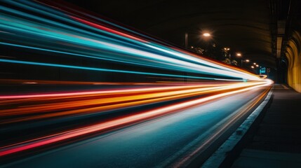 A dynamic shot of light trails in a tunnel, showcasing speed and motion.
