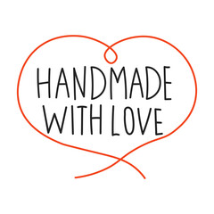 Needlecraft Heart shape Thread with Text. Knitting and Crochet love symbol with inspirational phrase. Handwritten inscription for handiwork badge pin. Vector illustration