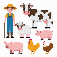 Fototapeta premium Flat icons of farm animals Farmer barns cow pig sheep chicken and wheelbarrow Vector