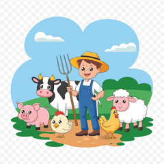 Flat icons of farm animals Farmer barns cow pig sheep chicken  and wheelbarrow Vector