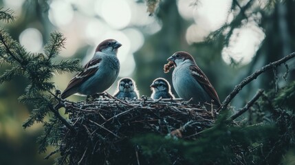 A family of sparrows in a nest, with parents feeding their chicks in a natural setting.