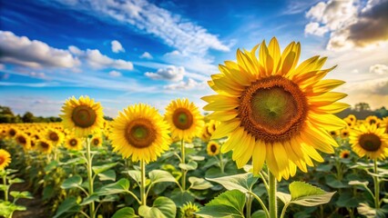 Bright yellow sunflowers in a rural landscape under the blue sky, sunflower, flowers, yellow, blue sky, rural, landscape