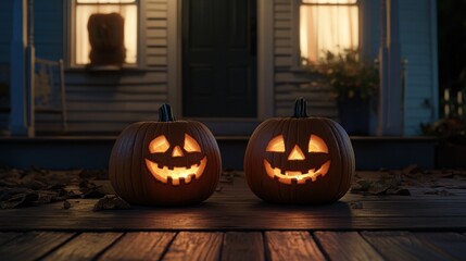 Two glowing jack-o'-lanterns on a porch, creating a festive Halloween atmosphere.