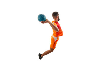 Dynamic image of athletic muscular young man, handball player in motion during intense training...