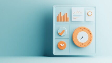 A stylized dashboard featuring graphs, a clock, and checkmarks for data visualization.
