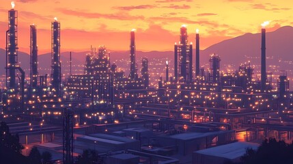 Fototapeta premium Sleek and Sustainable Pastel Palette Miniature Oil Refinery in Futuristic Urban Landscape at Dusk Digital Painting of Modern and Environmentally Conscious Energy Production Facility with Minimalist