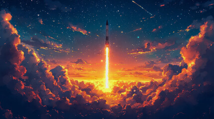 Obraz premium Rocket launch through vibrant sunset and clouds into space
