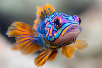 Fototapeta premium A striking close-up of a vibrant mandarin fish with its iridescent scales and bold patterns, swimming in its aquatic environment.