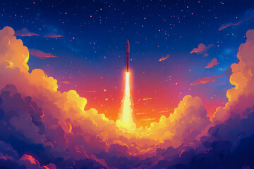 Rocket launch through vibrant sunset and clouds into space