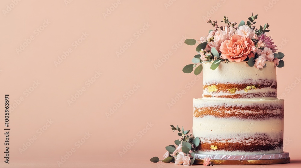 Poster A two-tiered cake adorned with flowers and greenery, set against a soft pink background.