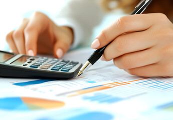 Close-up of a Businesswoman's Hand Calculating with a Calculator and Pen