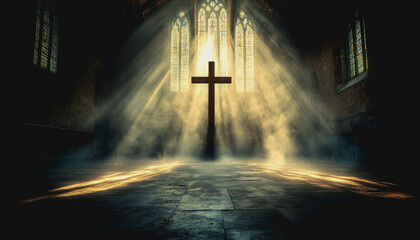Naklejka premium Sunlit cross in serene gothic cathedral with spiritual atmosphere