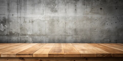 Wooden plank table with blurred concrete wall background, selective focus. Perfect for product displays or installations