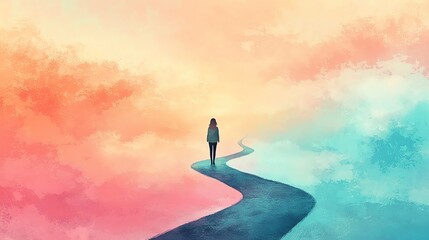 think big to success , walk to achieve Person walking on a colorful abstract path