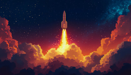 Rocket launch through vibrant sunset and clouds into space