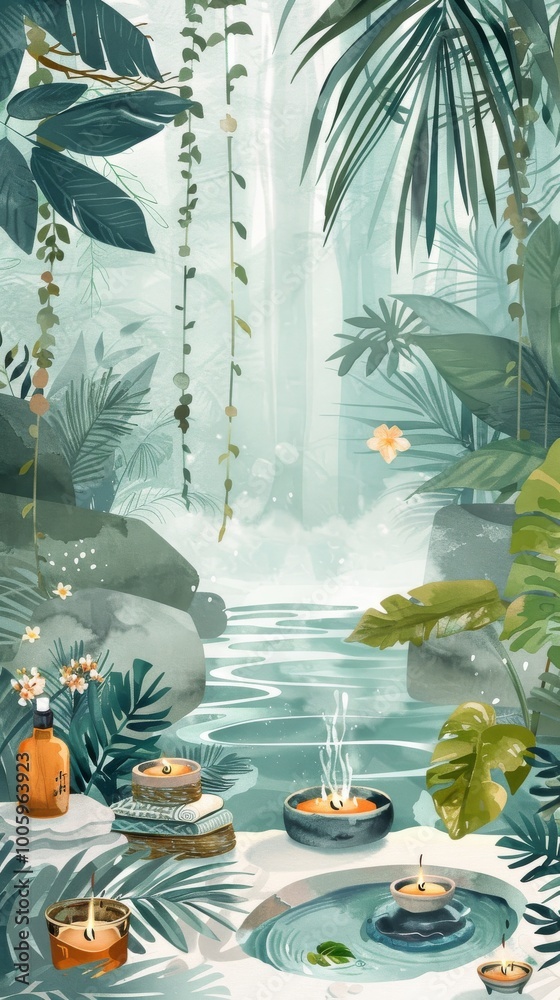 Wall mural A painting of a jungle scene with a waterfall and candles in a pond. The mood of the painting is peaceful and serene