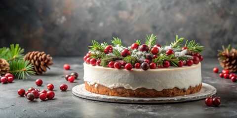 Christmas cake with cranberries and festive decorations on a gray background, Christmas, cake, cranberries