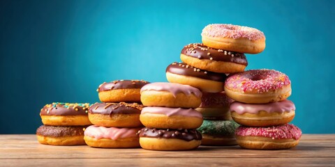 Assorted donuts stacked on a background, donuts, stack, assorted, sweet, bakery, delicious, sugary, treats, dessert