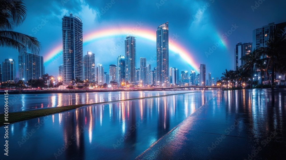 Wall mural A vibrant cityscape at dusk, featuring skyscrapers and a rainbow reflecting on wet pavement.