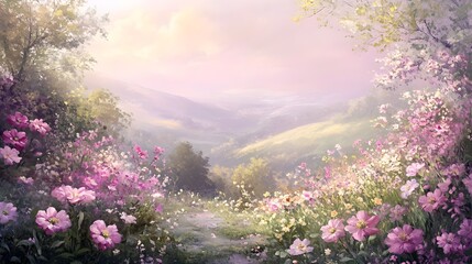 Obraz premium Elegant and Lush Pastel Colored Floral Landscape with Soft Natural Lighting Ethereal and Serene Impressionist Style Atmosphere and Tranquil Victorian Inspired Rolling Hillside Setting