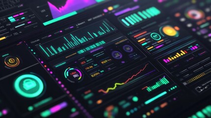 Obraz premium A vibrant digital dashboard displaying various data visualizations and metrics.