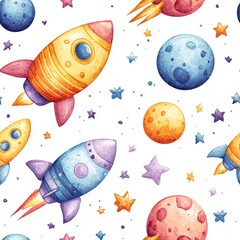 Whimsical Baby Space Rockets Watercolor Illustration