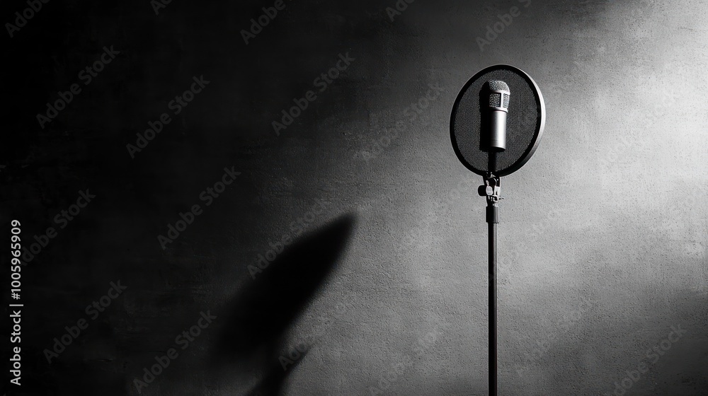 Poster A vintage microphone on a stand, casting a shadow against a textured wall.