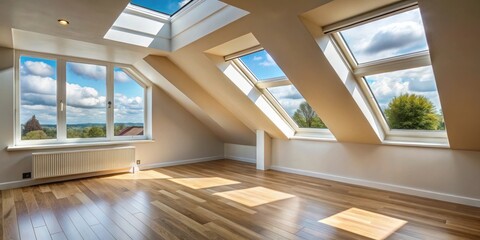 Fototapeta premium Interior view of a room with dormer windows and a skylight , dormer windows, roof windows
