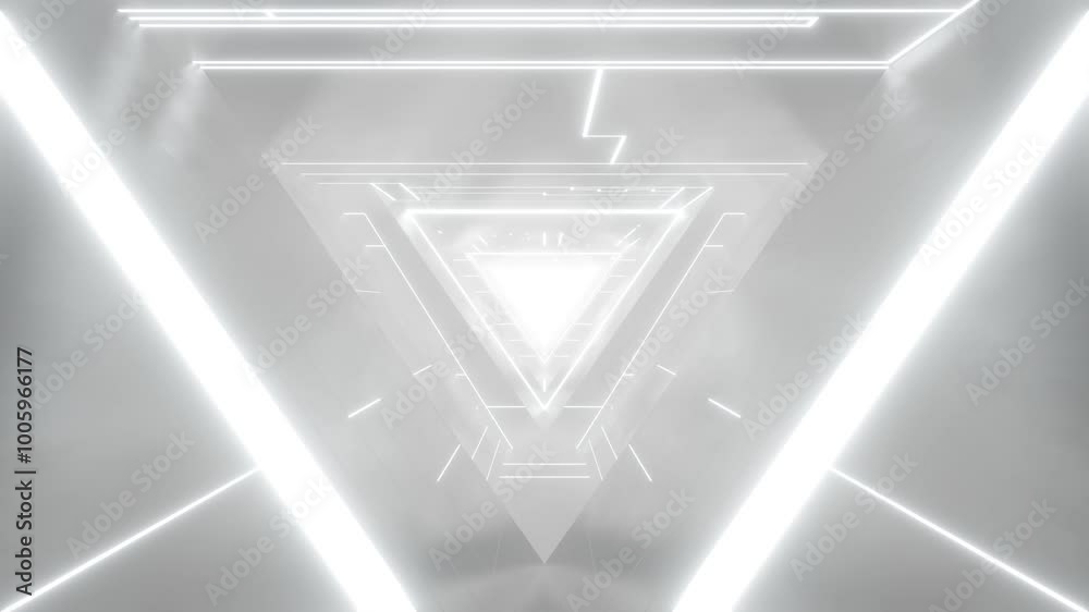 Poster 3d rendering of white abstract sci-fi tunnel, Futuristic triangle spaceship corridor