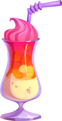 Cartoon dessert, vibrant, layered milkshake in a tall glass, topped with pink whipped cream and a purple straw. Isolated vector cup filled with sweet colorful cocktail beverage with creamy texture