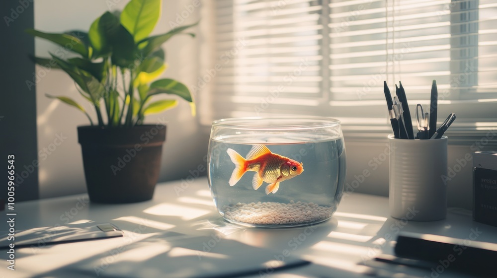 Poster A goldfish swims in a bowl on a desk beside a plant and stationery, creating a serene workspace.