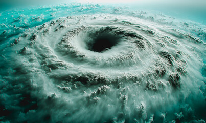 Massive swirling storm vortex with light and shadow contrasts, high aerial view
