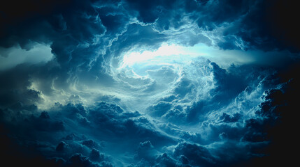 Massive swirling storm vortex with light and shadow contrasts, high aerial view