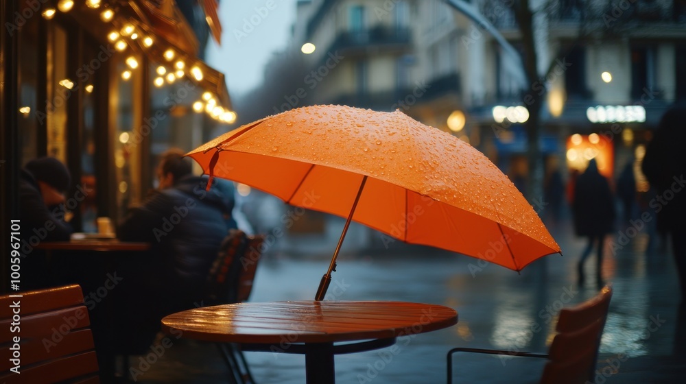 Wall mural A vibrant orange umbrella on a wet table in a cozy outdoor cafe setting.