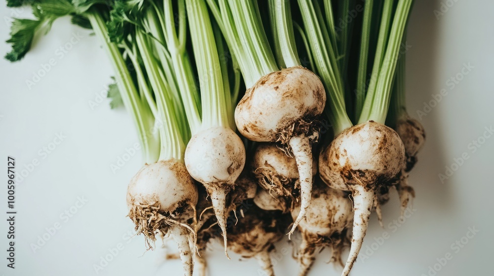 Wall mural Fresh celery with roots, showcasing its natural state for culinary use.