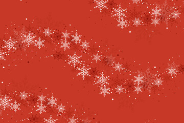 Hand drawn silhouette of snowflakes falling on red winter background. Festive Christmas design. Snow wave design