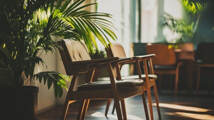 Obraz premium A serene interior featuring wooden chairs and lush plants, creating a calming atmosphere.