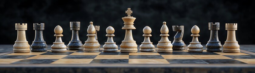 Chess pieces arranged on a chessboard, dramatic light highlights strategic positions.