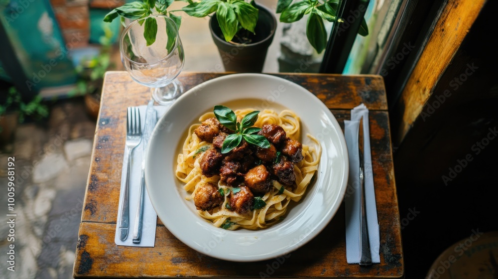 Poster A plate of pasta with meatballs and basil on a wooden table, accompanied by a glass of water.