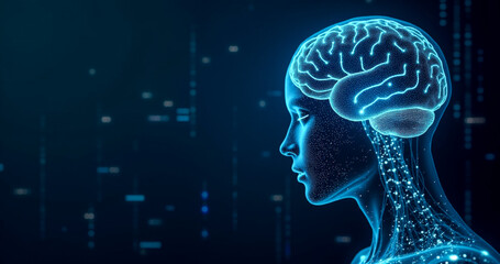 Digital Concept Illustration Human Brain Activity Side View Neural Network Glowing Connections Neurons Abstract Light Particles Lines Dark Blue Background Cognitive Function