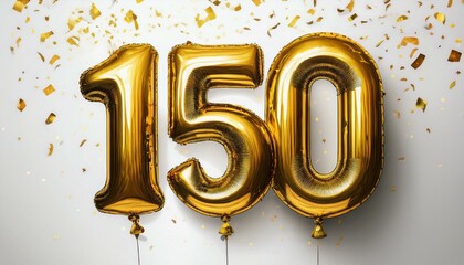 Gold birthday / anniversary balloon, number 150, white background with confetti